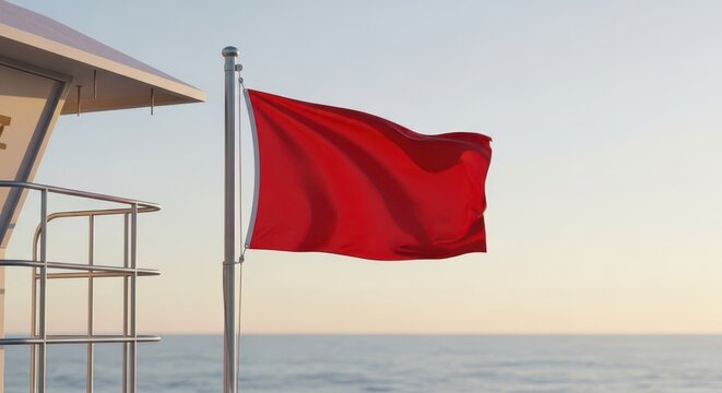 Red flag warning beach safety symbolism lifeguard station and danger signal