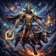 Fototapeta premium Fierce warrior Lord Yama riding a buffalo in a dark magical realm