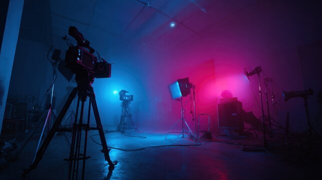 Professional video production studio with high-end cameras, adjustable studio lighting, and colorful background effects for creative media projects