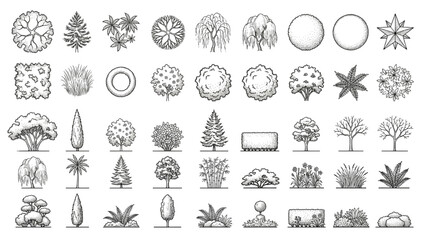 Obraz premium Collection of black and white top-view illustrations of various trees, plants, and architectural elements for landscape design. CAD Blocks Icon Sheet Vector