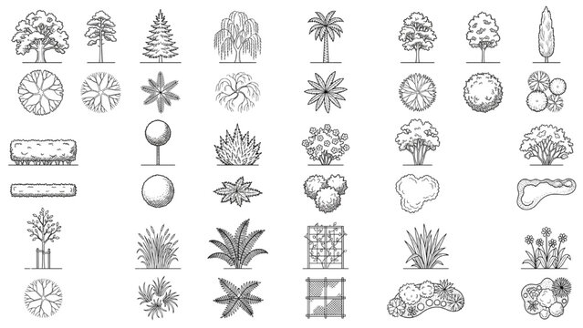 A collection of black and white hand-drawn illustrations of various trees and plants, presented from both a side and top view. CAD Blocks Icon Sheet Vector