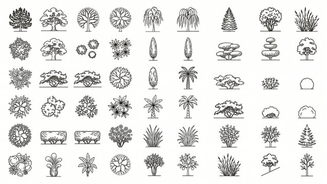 A collection of hand-drawn botanical illustrations, featuring various trees, shrubs, and plants in both plan and elevation views. CAD Blocks Icon Sheet Vector