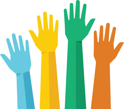 Volunteering and voting concept with colorful raised hands silhouette vector flat illustration isolated on white background