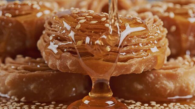 Delicious Honey Drizzled Over Traditional Moroccan Chebakia Pastries.