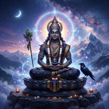 Lord Shani Dev meditating on a lotus flower in the Himalayas under a starry sky