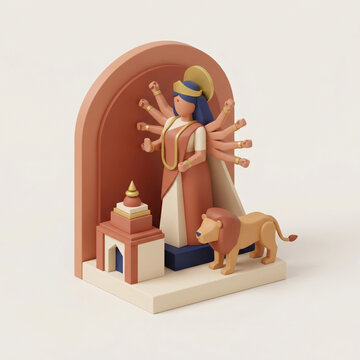 Modern 3D minimalist style figurine of Goddess Durga with lion and temple