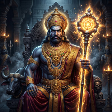 Majestic Lord Yama, Hindu God of Death, seated on an ornate throne with a glowing staff