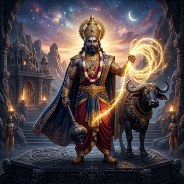 Lord Yama standing with a glowing lasso and mace in an ancient underworld temple