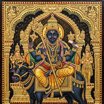 Intricate gold-leaf traditional Tanjore-style painting of Lord Yama on his buffalo
