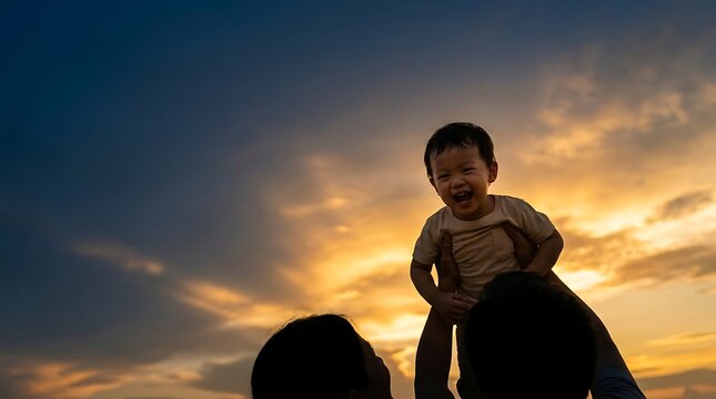 Loving intergenerational family bond lifting happy toddler high towards vibrant golden sunset