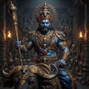 Detailed and divine depiction of Lord Yama as a blue-skinned deity riding a buffalo
