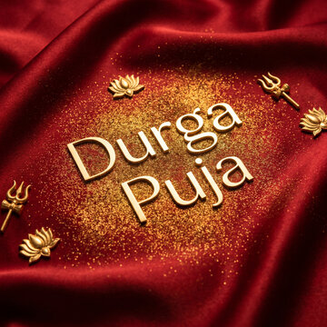 Elegant 'Durga Puja' Gold Typography on Red Velvet with Gold Dust and Lotus Symbols
