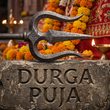 Traditional Iron Trishula Trident on Stone with Durga Puja Engraving