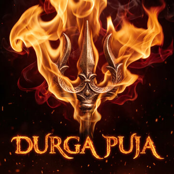 Dramatic Durga Puja Background with Golden Trishula Trident Enveloped in Flames
