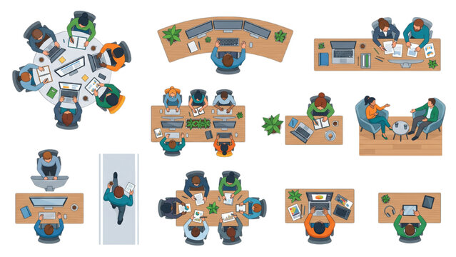 Top-down view of diverse meeting rooms and workspace configurations, illustrating various office layouts for teamwork and collaboration. CAD Blocks Icon Sheet Vector