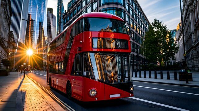 Moderner roter Doppeldecker Bus in London bei Sonnenaufgang