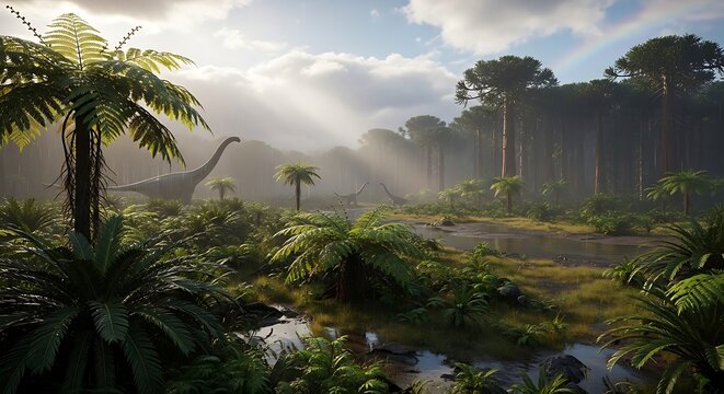 A Majestic Brachiosaurus Grazing in a Prehistoric Lush Jungle Landscape.