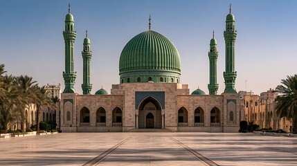 Fototapeta premium Grand Islamic mosque with large green dome and tall minarets in Saudi Arabia