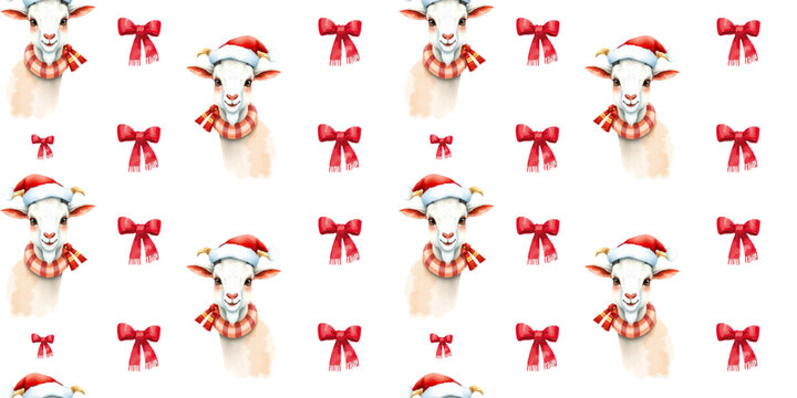 Goat in red cape with bows, seamless repeating pattern with animals, Baa, pattern design for fabrics and wallpaper. symbol 2026