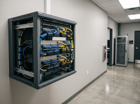 Wall Mounted Network Rack With Ethernet Cables and Patch Panels
