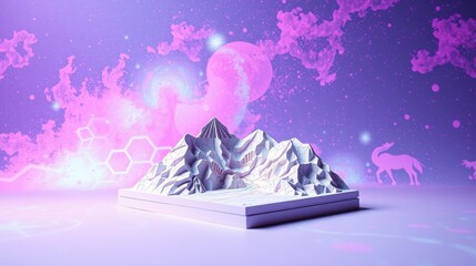 Obraz premium Minimalist landscape. Mountains rise from platform. Pink nebula, hexagon shapes, unicorn silhouette present. Dreamlike, surreal scene.