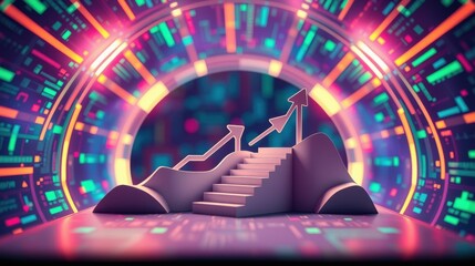 Obraz premium Stairs ascend toward arrow symbol. Futuristic tunnel surrounds steps. Bright colors dominate scene, suggesting progress.