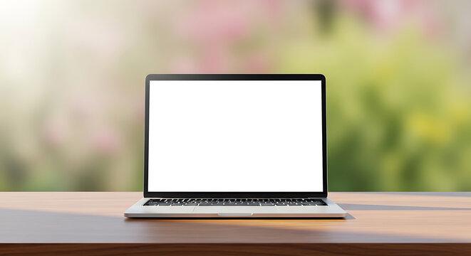Laptop computer on a wooden desk in a bright garden