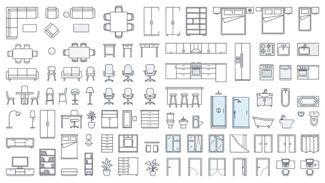 A collection of architectural and interior design elements in schematic drawing, showcasing various furniture, doors, windows, and appliances for floor plan creation. CAD Blocks Icon Sheet Vector