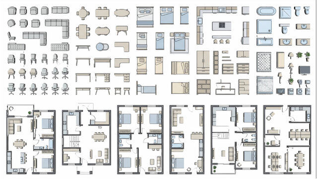 An architectural blueprint showcasing a collection of furniture icons and detailed floor plan layouts, offering a comprehensive view of interior design and space planning. CAD Blocks Icon Sheet Vector