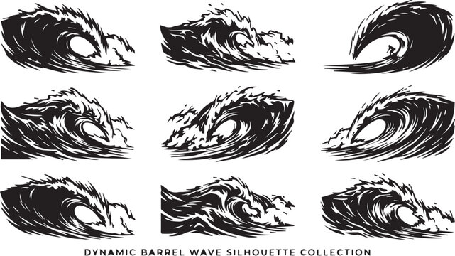 Collection of dynamic barrel wave silhouette illustrations with breaking silhouette collection illustration monochrome undertow swimming adventure