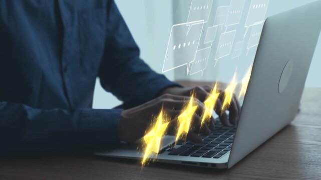 Individual Engaging in Online Communication with Laptop, Floating Speech Bubbles, and Digital Interaction Concept in Modern Workspace Environment. Qubit.