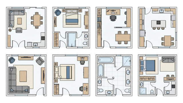 Set of architectural floor plans showcasing various living spaces, including bedrooms, living rooms, kitchens, and bathrooms, presented in a clean, illustrative style. CAD Blocks Icon Sheet Vector