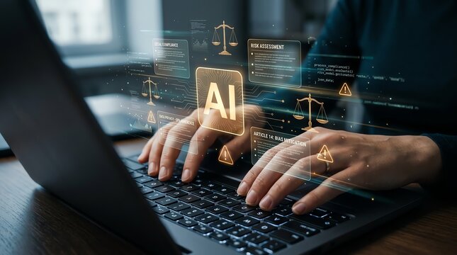 Professional hands typing on a laptop, interacting with holographic artificial intelligence, scales of justice, and digital data, symbolizing the integration of AI in legal and technology fields
