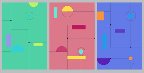 Fototapeta premium Abstract geometric composition with colorful shapes and lines on three distinct colored background panels