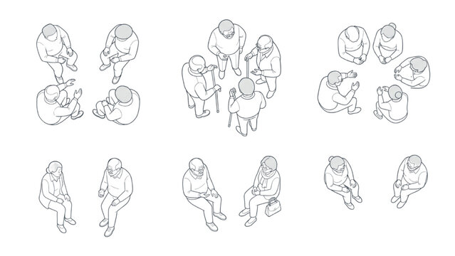 Collection of people in different sitting and standing positions, depicted in a minimalist, line-art style from a top-down aerial view. CAD Blocks Icon Sheet Vector