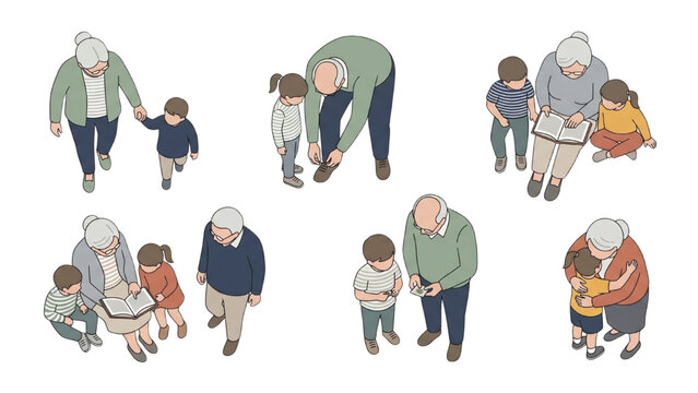 A heartwarming collection of isometric illustrations depicts moments of love and connection between grandparents and their grandchildren. CAD Blocks Icon Sheet Vector