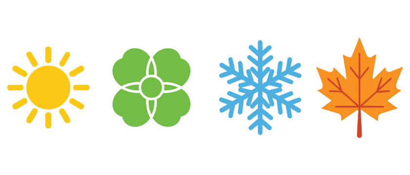 Four Seasons Weather and Nature Icon Set. Flat Symbols of Sun, Flower, Snowflake, and Leaf for Calendar Planners and Educational UI Design.