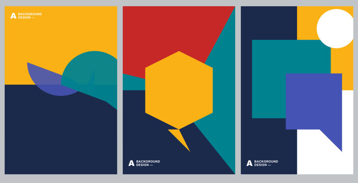 Abstract geometric poster set with colorful shapes and speech bubbles for modern graphic design projects