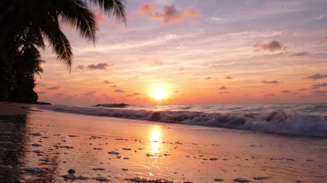 Tranquil beach at sunset with palm tree and gentle waves lapping the shore ocean tropical coastline evening sky ocean tropical coastline evening sky