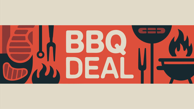 Barbecue deal flat vector horizontal banner with grilling tools and hot flames included.