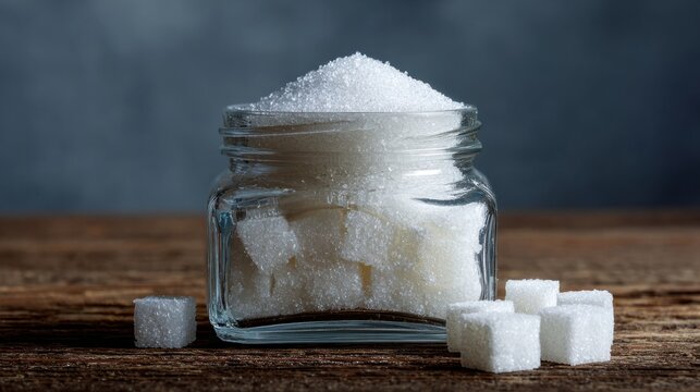 Small clear glass jar filled with fine white sugar cubes on wooden surface