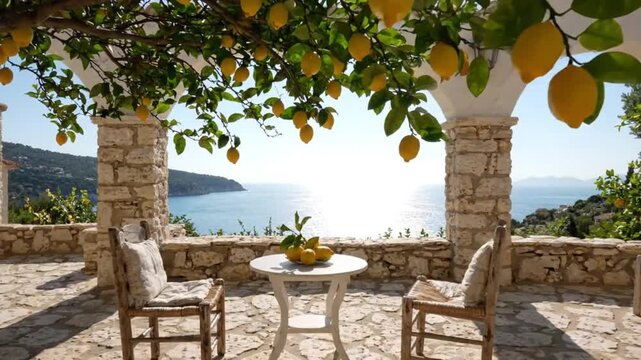 Idyllic terrace with a lemon tree overlooking the sea, featuring chairs and a table balcony fruit mediterranean outdoor seating stone balcony fruit mediterranean outdoor seating stone