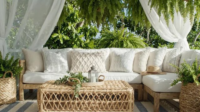 Comfortable outdoor lounge area with plush sofas, rattan furniture, and lush greenery outdoor living sofa plants tropical veranda outdoor living sofa plants tropical veranda