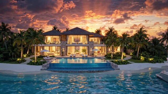 Luxurious island villa with infinity pool and yachts at sunset, surrounded by palm trees luxury villa yacht mansion beachfront tropical luxury villa yacht mansion beachfront tropical