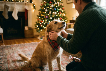 Naklejka na ściany i meble A heartwarming holiday scene of a person lovingly petting their dog by a glowing Christmas tree. Cozy home interior with festive winter decorations, celebrating the season with a loyal companion.