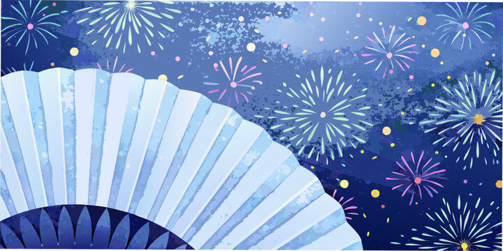 Folded Fan Against A Colorful Fireworks Display Vector Illustration