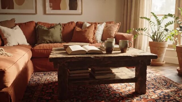 Cozy and stylish living room interior with rustic wooden coffee table and orange sectional sofa home comfort couch wood rug home comfort couch wood rug