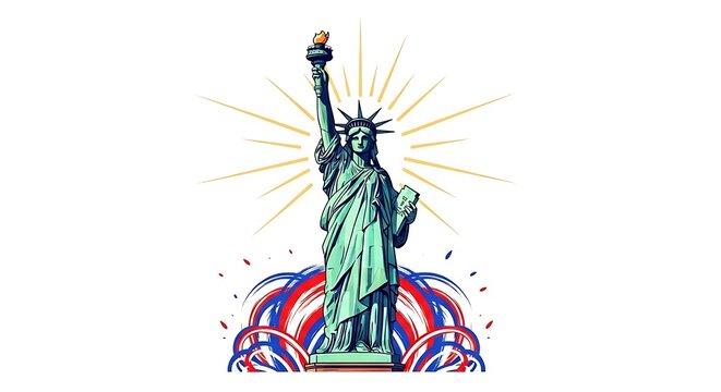 Statue stands tall, torch held high with radiant rays