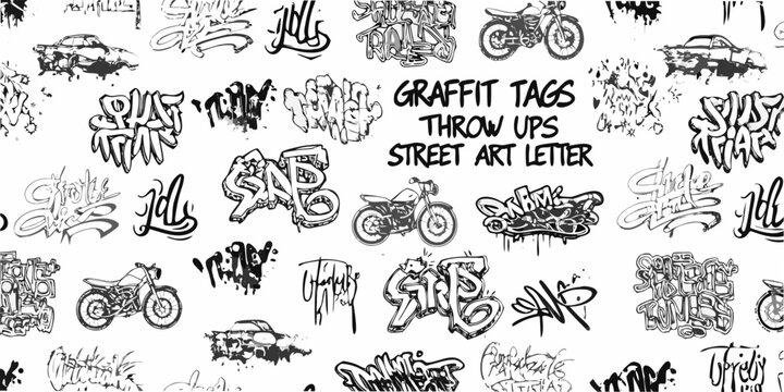 Graffiti tags and bicycle illustrations black and white vector pattern