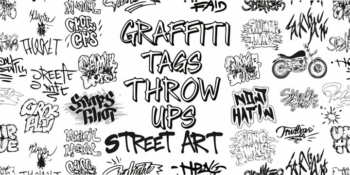 Graffiti tags and throw ups street art seamless vector pattern on white